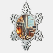 暖炉のそばの心地よい冬の景色 スノーフレークピューターオーナメント (右)