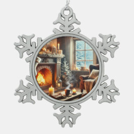 暖炉のそばの心地よい冬の景色 スノーフレークピューターオーナメント