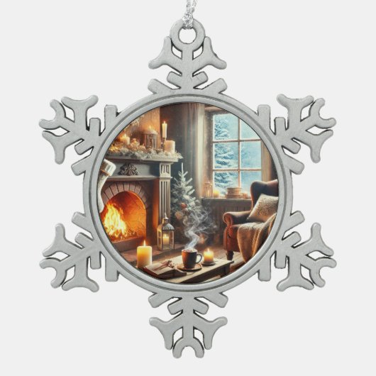 暖炉のそばの心地よい冬の景色 スノーフレークピューターオーナメント (正面)