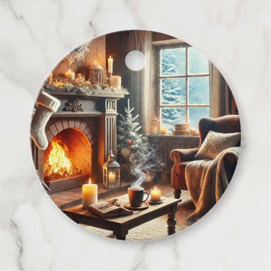 暖炉のそばの心地よい冬の景色 フェイバータグ (正面)