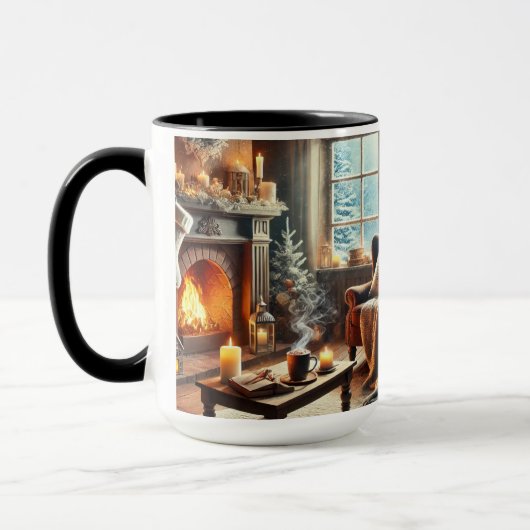 暖炉のそばの心地よい冬の景色 マグカップ (左)