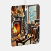 暖炉のそばの心地よい冬の景色 メタルオーナメント (正面右)
