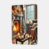 暖炉のそばの心地よい冬の景色 メタルオーナメント (正面左)