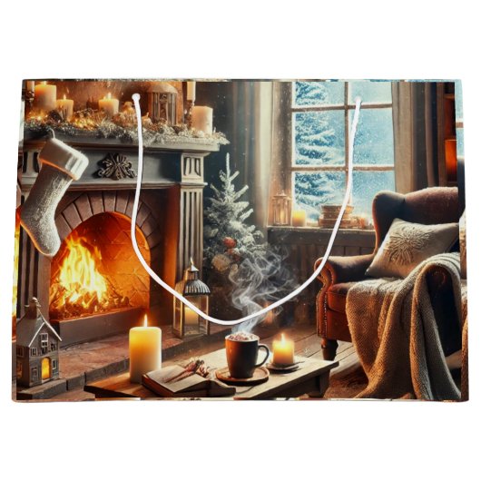 暖炉のそばの心地よい冬の景色 ラージペーパーバッグ (正面)