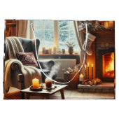 暖炉のそばの心地よい冬の景色 ラージペーパーバッグ (裏面)