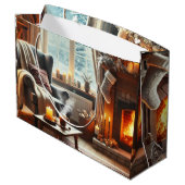 暖炉のそばの心地よい冬の景色 ラージペーパーバッグ (裏面アングル)