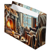 暖炉のそばの心地よい冬の景色 ラージペーパーバッグ (正面アングル)
