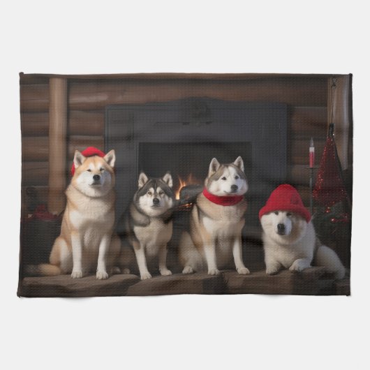 暖炉のそばの秋田犬 クリスマス キッチンタオル (横)