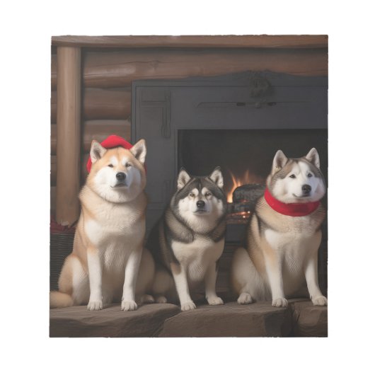 暖炉のそばの秋田犬 クリスマス ノートパッド (正面)