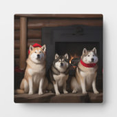 暖炉のそばの秋田犬 クリスマス フォトプラーク (正面)