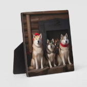 暖炉のそばの秋田犬 クリスマス フォトプラーク (正面)