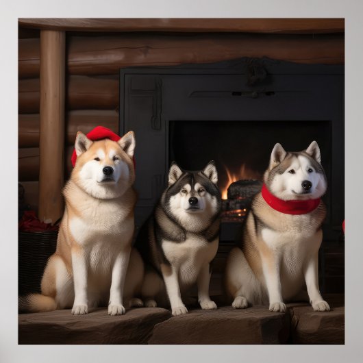 暖炉のそばの秋田犬 クリスマス ポスター (正面)