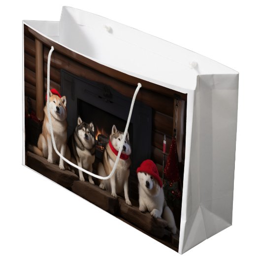 暖炉のそばの秋田犬 クリスマス ラージペーパーバッグ (正面アングル)