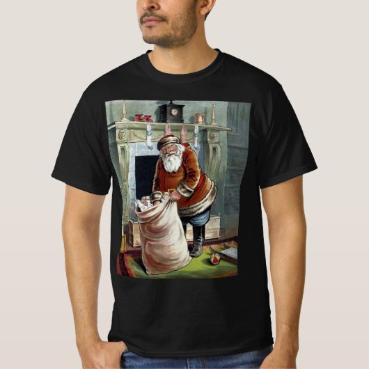 暖炉のそばの聖ニコラス、ヴィンテージクリスマス Tシャツ (正面)