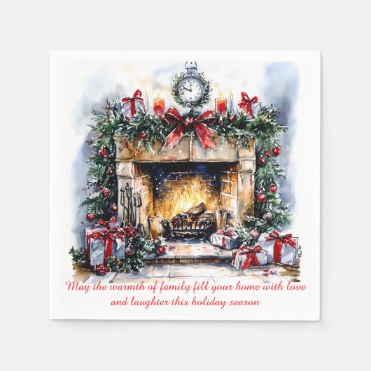 暖炉のイメージのクリスマスナプキン スタンダードカクテルナプキン (正面)