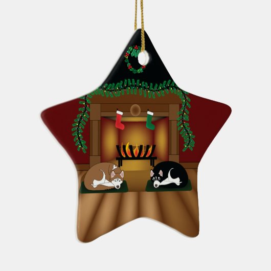 暖炉のオーナメントによって眠っている休日のハスキー セラミックオーナメント (右)