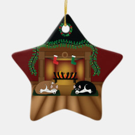 暖炉のオーナメントによって眠っている休日のハスキー セラミックオーナメント