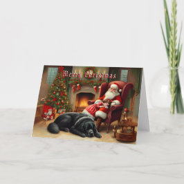 暖炉のカードで眠るNewf & Santa シーズンカード