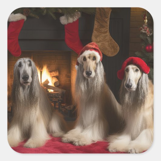 暖炉のクリスマスまでにアフガンハウンド スクエアシール (正面)