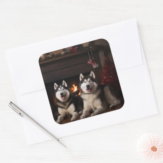 暖炉のクリスマスまでにアラスカン・マラムテ スクエアシール (封筒)