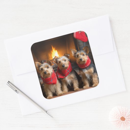 暖炉のクリスマスまでにオーストラリアのテリア スクエアシール (封筒)