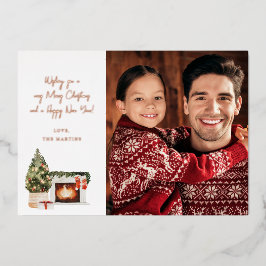 暖炉のクリスマス便箋 クリスマスフォト 箔招待状