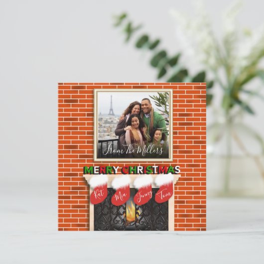 暖炉の上のメリークリスマス家族の写真 シーズンカード (スタンド正面)