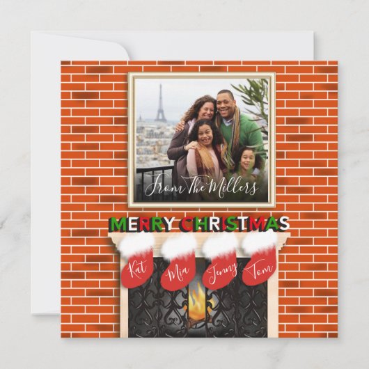 暖炉の上のメリークリスマス家族の写真 シーズンカード (正面)