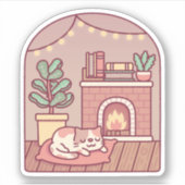 暖炉の前で温もりに包まれるかわいい猫 シール (正面)