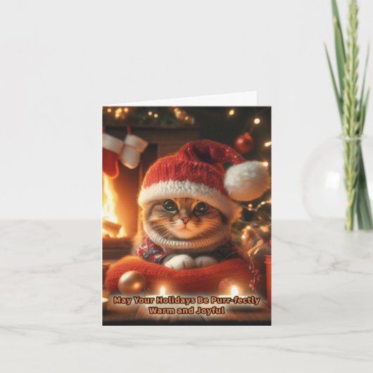 暖炉の前で過ごすクリスマスねこ グリーティングカード シーズンカード (正面)