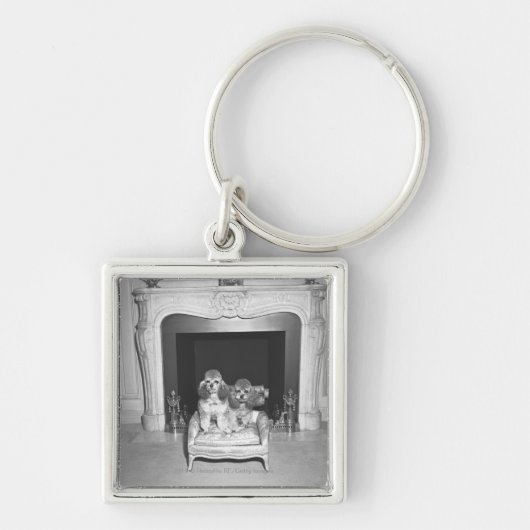 暖炉の前に坐っているミニチュアプードル キーホルダー (正面)