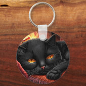 暖炉の前に寝そべっている黒猫 キーホルダー (正面)