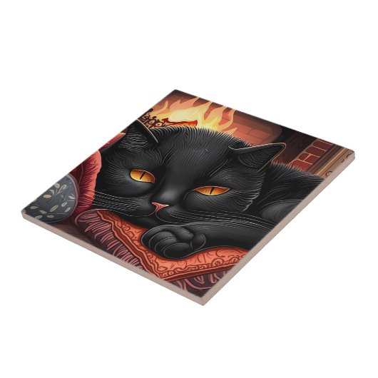 暖炉の前に寝そべっている黒猫 タイル (側面)