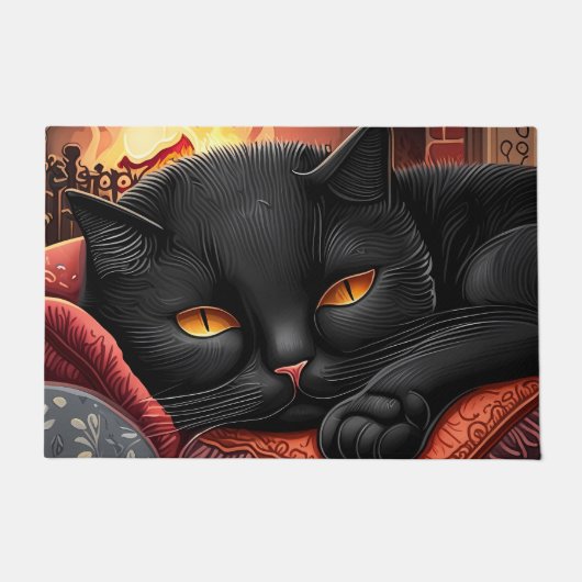 暖炉の前に寝そべっている黒猫 ドアマット (正面)