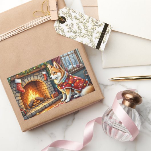 暖炉の前に座るシノークとクリスマスのイルミネーション 長方形シール (ギフト)