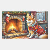暖炉の前に座るシノークとクリスマスのイルミネーション 長方形シール (正面)