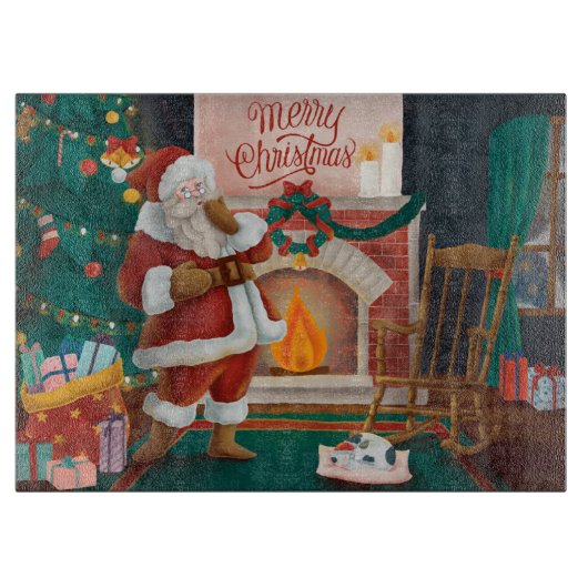暖炉の前のサンタクロース カッティングボード (正面)
