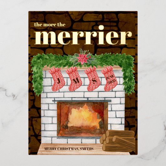 暖炉の居心地の良いクリスマス妊娠の発表 箔シーズンポストカード (正面)