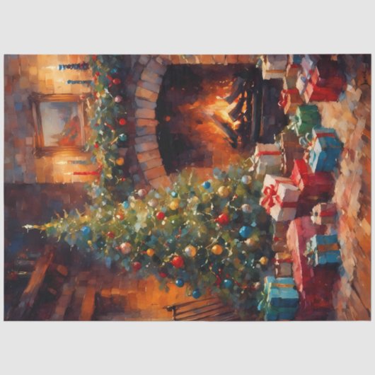 暖炉の灯りとクリスマスの朝のデコパージュペーパー 薄葉紙 (正面)