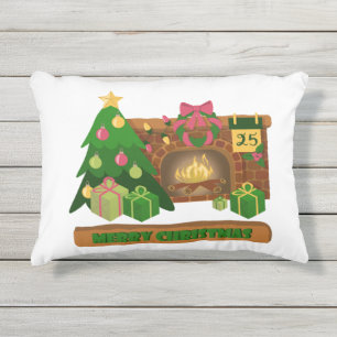暖炉の焚き火のクリスマスツリーの近くでメリークリスマス アウトドアクッション