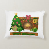 暖炉の焚き火のクリスマスツリーの近くでメリークリスマス アクセントクッション (裏面)
