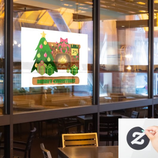 暖炉の焚き火のクリスマスツリーの近くでメリークリスマス ウィンドウサイン (レストラン窓)