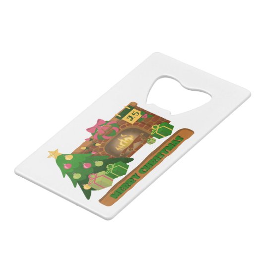 暖炉の焚き火のクリスマスツリーの近くでメリークリスマス クレジットカード栓抜き (正面アングル)