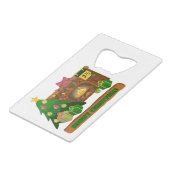 暖炉の焚き火のクリスマスツリーの近くでメリークリスマス クレジットカード栓抜き (裏面アングル)