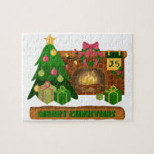 暖炉の焚き火のクリスマスツリーの近くでメリークリスマス ジグソーパズル (横)