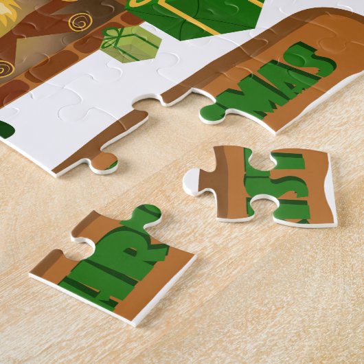 暖炉の焚き火のクリスマスツリーの近くでメリークリスマス ジグソーパズル (側面)