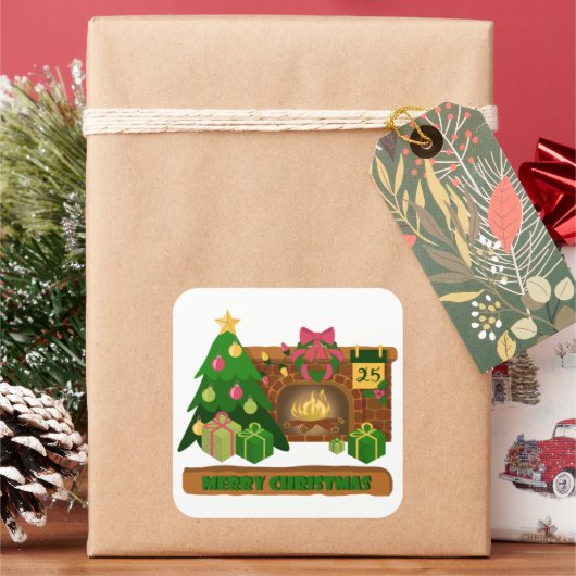 暖炉の焚き火のクリスマスツリーの近くでメリークリスマス スクエアシール (クリスマス)