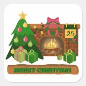 暖炉の焚き火のクリスマスツリーの近くでメリークリスマス スクエアシール (正面)