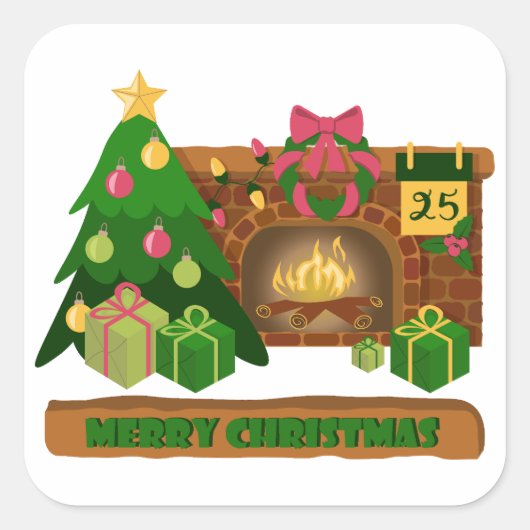 暖炉の焚き火のクリスマスツリーの近くでメリークリスマス スクエアシール (正面)