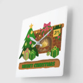 暖炉の焚き火のクリスマスツリーの近くでメリークリスマス スクエア壁時計 (傾斜)